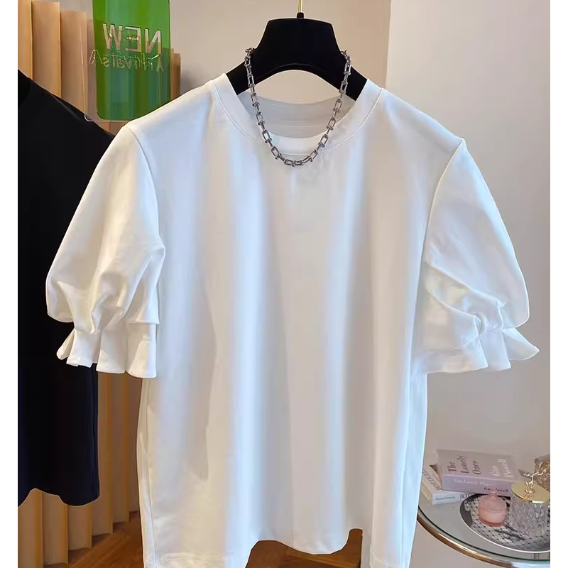2026 Spring New Design Niche High-End Cotton Base Shirt Top Puff Sleeve T-Shirt Women's Short-Sleeve Loose Fit