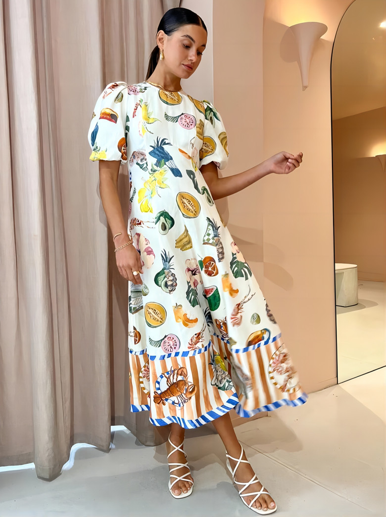 Puff Sleeve Sleeve Type Polyester Fabric Type Wholesale Women's Casual Printing Fruit Street Round Neck Short Sleeve Swing Dress