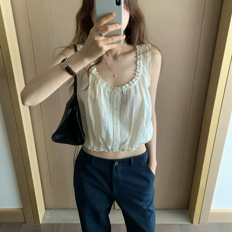 Now Available: Korean-Style Lace Trim Buttoned Pleated Hem Vest, Summer Women's Solid Color Loose Casual Top