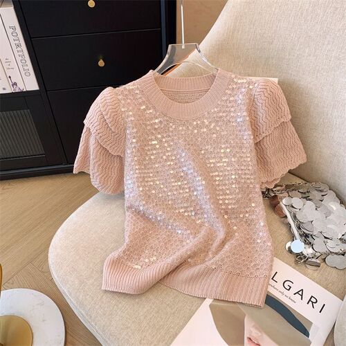 French sparkling bud sleeveless sweet knit top for women 2025 summer round neck youth short sleeve top