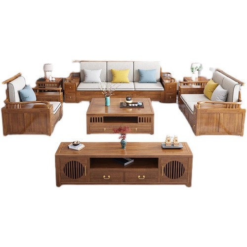 New Chinese style solid wood sofa combination living room furniture complete set of small and medium-sized apartment simple winter and summer dual-use sofa removable and washable