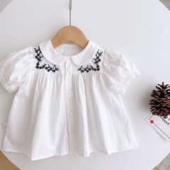 女童夏裝襯衫寶寶洋氣兒童個性潮牌韓版娃娃領花朵刺繡泡泡袖襯衣