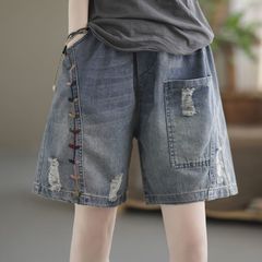 ショートパンツ夏の新しいスタイルの女性のカジュアルルーズ大きいサイズリッピング刺繍ストレート弾性ハーレムカバーアップジーンズ