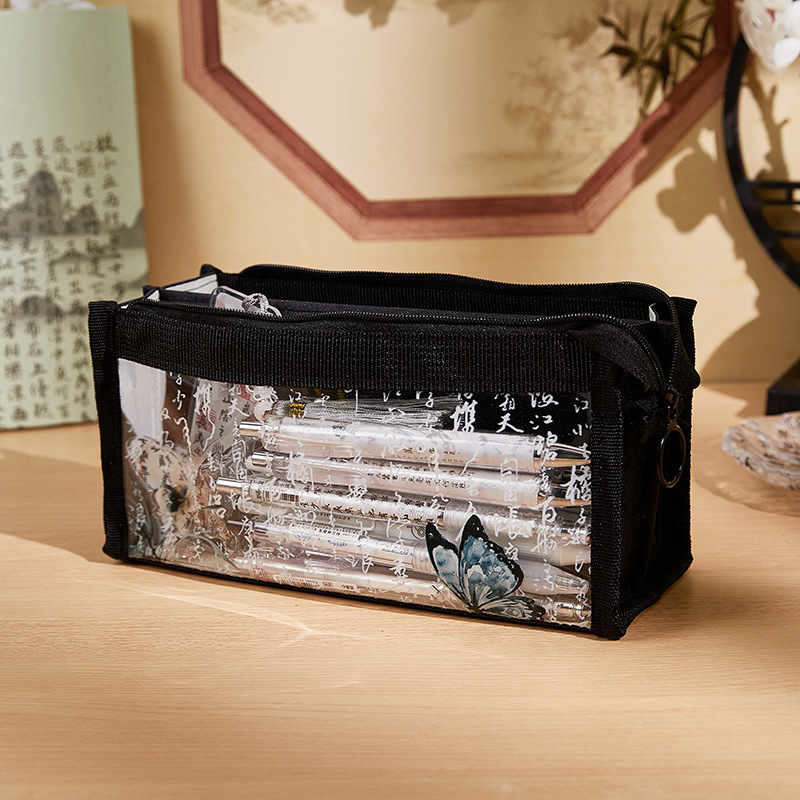 Nuevo bolso de lápiz transparente de gran capacidad para estudiantes Guofeng nuevo estilo chino caja de papelería para niñas de secundaria secundaria simple caja de lápiz literario