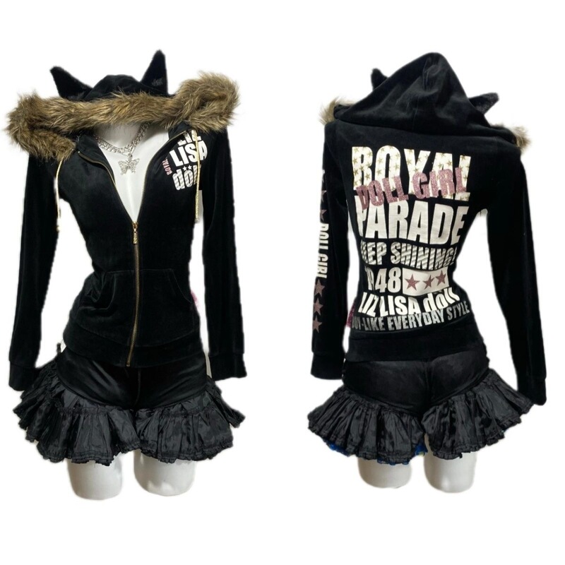 Japanese Brand Y2K Vintage Spicy Girl Style Fleece-Lined Hooded Zip-Up Sweatshirt with Cat Ears Retro Shibuya Jacket Top