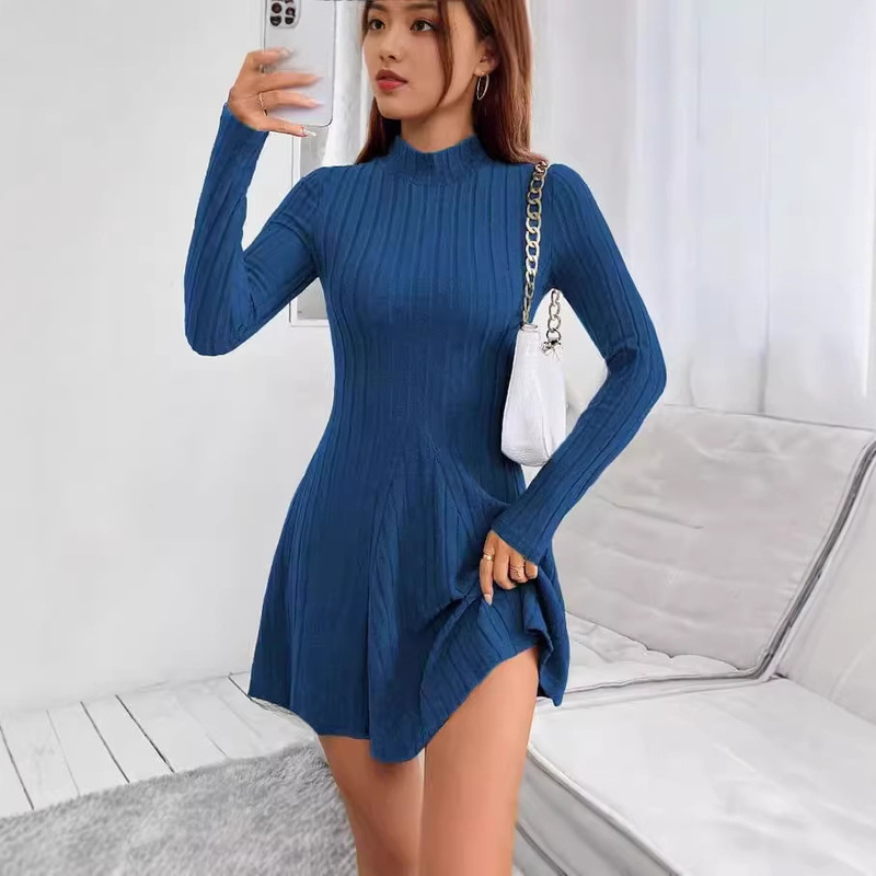 2024 new autumn and winter cross-border Amazon Europe and the United States fashion slim solid color long sleeve knitted dress women