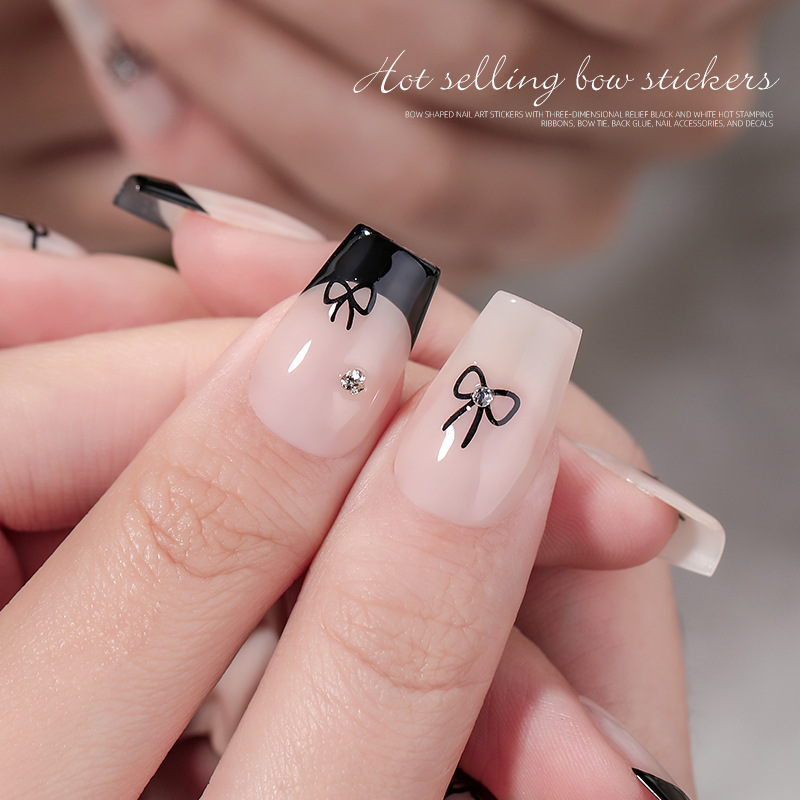 Pegatinas de Uñas con Diseño de Lazo, Estilo Nuevo, Transfronterizo, Calcomanías en Blanco y Negro con Lámina Dorada, Finas y Flexibles, Decoración de Uñas Sencilla