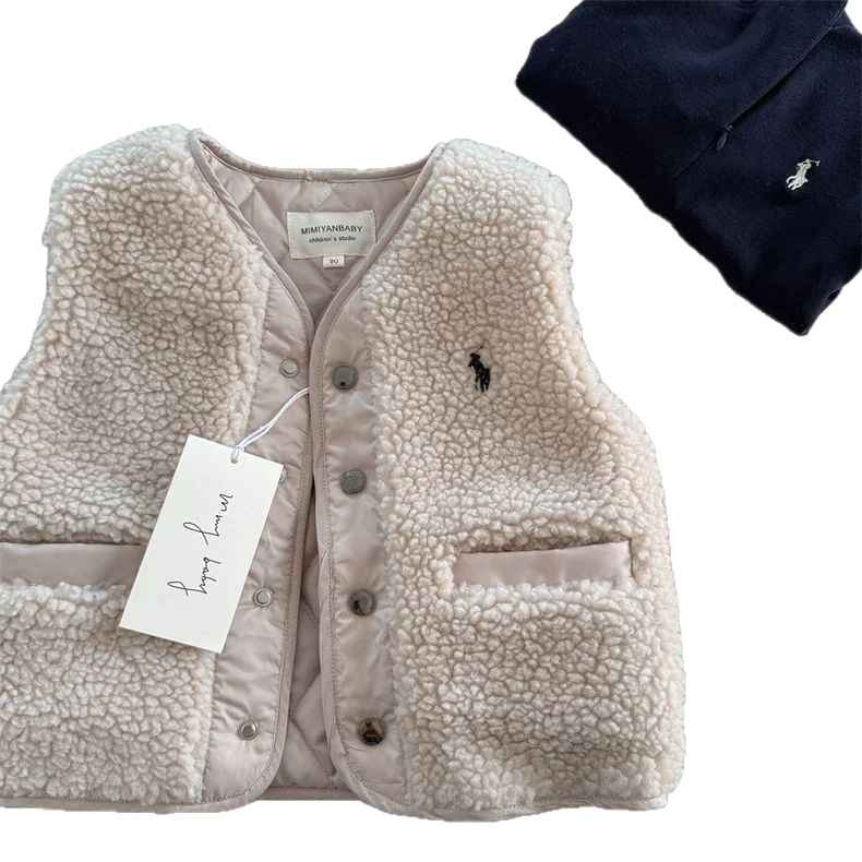 Chaleco de cordero de color sólido coreano para niños 2025 otoño y invierno nuevo estilo de tendencia para niños y medianos con hombros de camisa de terciopelo
