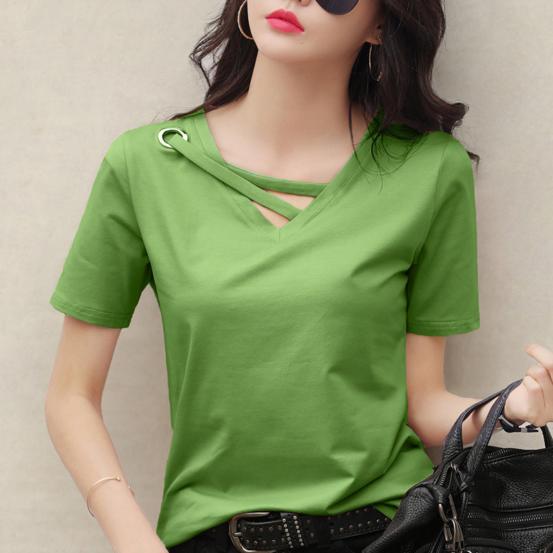 Short-Sleeved Women's 2026 New Summer White T-Shirt Women's V-Neck Loose Korean Style Black Top Casual Ins T-Shirt Trend