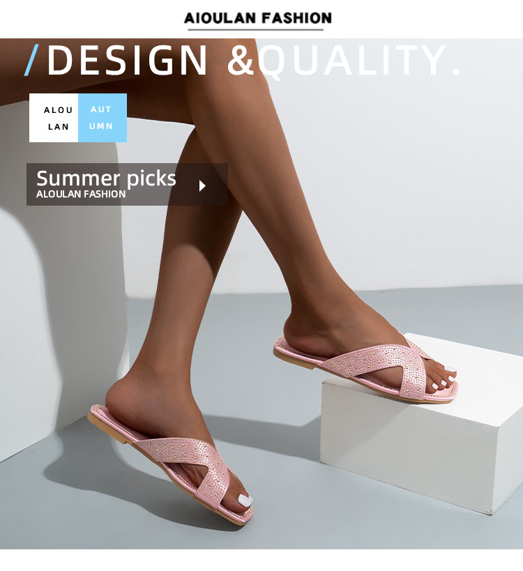Fashion Ironing Diamond Flat Bottom Slippers Female Slides Square Head Hollow Sandals_voghion.com