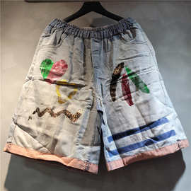 2025年新款夏季复古高腰牛仔短裤女士贴布印花大码宽松阔脚裤