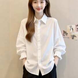 大码设计感喇叭袖白色长袖衬衫女早春款衬衣宽松内搭气质上衣