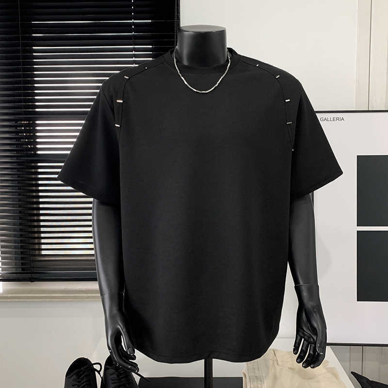 American Retro Trendy Brand Padded Shoulder Short-Sleeve T-Shirt for Men and Women with Metallic Design, Half-Sleeve Base Shirt, Niche Trendy Top