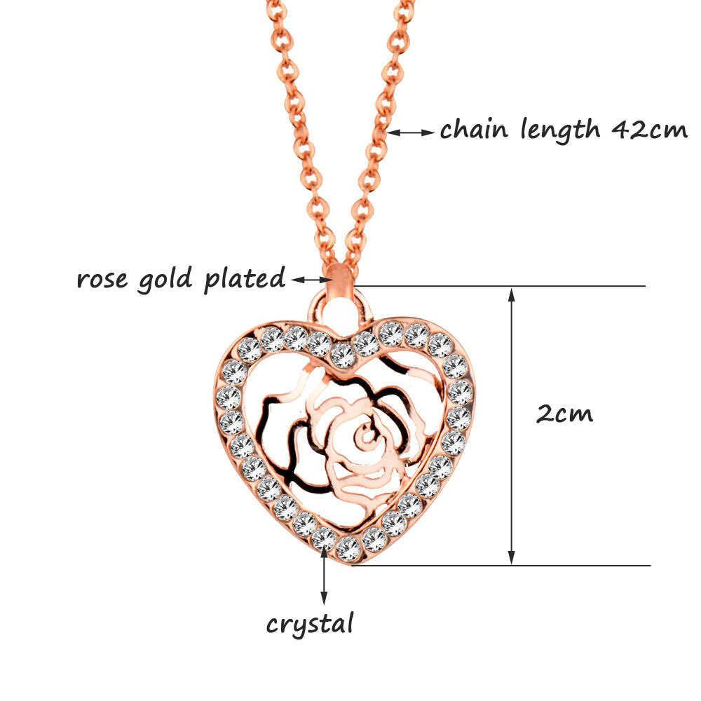 Fashion Heart Shape Rose Alloy Plating Inlay Rhinestones Pendant Necklace 1 Piece