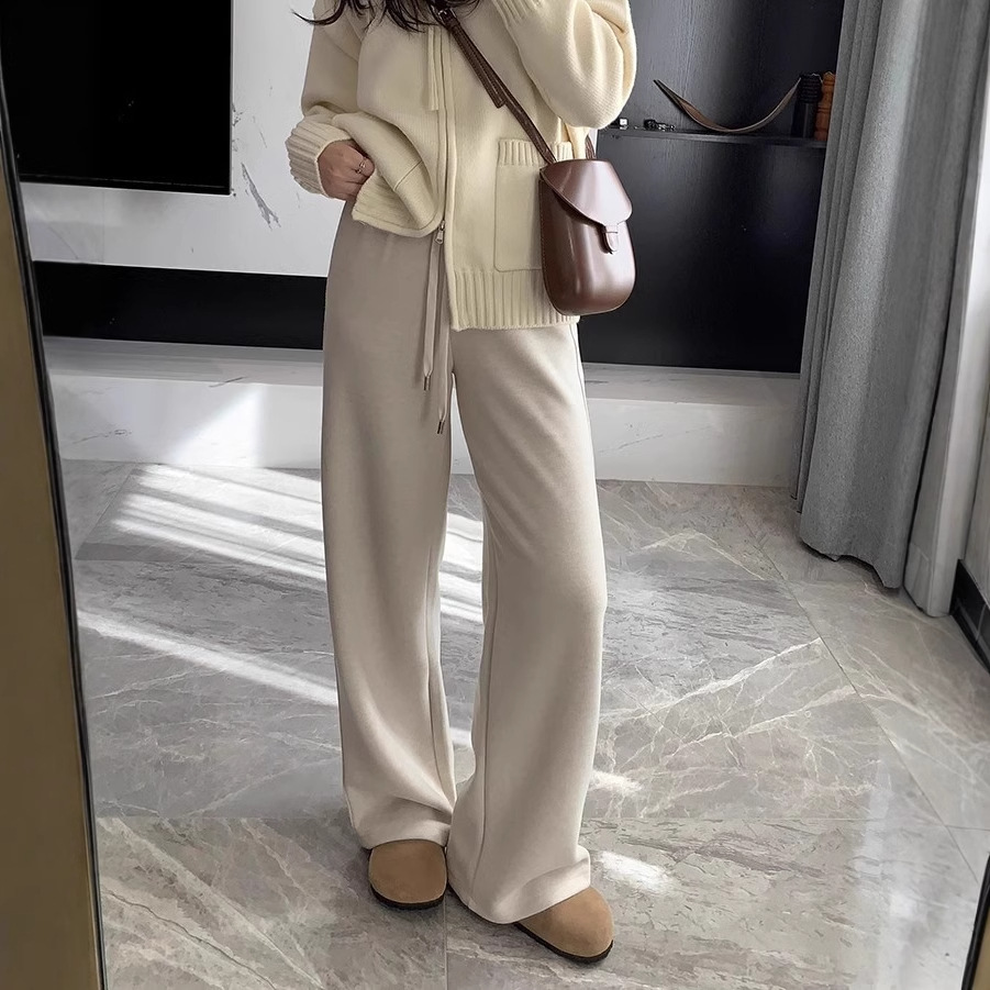 2024 가을과 겨울 슈퍼 올 매치 슬림 따뜻한 단색 넓은 다리 스트레이트 다리 바지 겨울 하이 허리 캐주얼 바지 기모