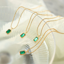 中式风祖母绿锆石微镶单钻项链 钛钢镀18k真金手工打造饰品 P067
