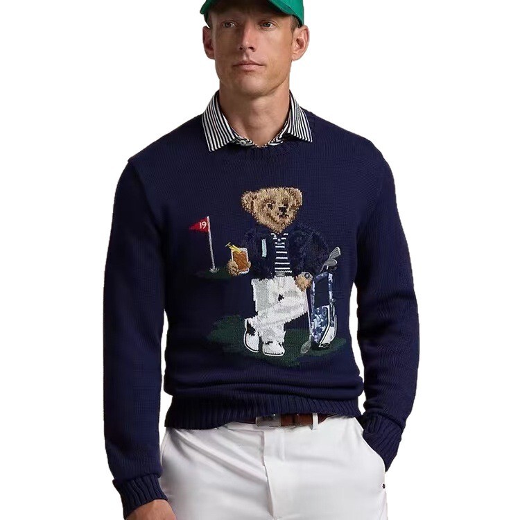 Men's High-Quality Qr Code Scannable R-L Pure Cotton Heavy-Duty Cartoon Embroidered Golf Club Bear Autumn and Winter Sweater