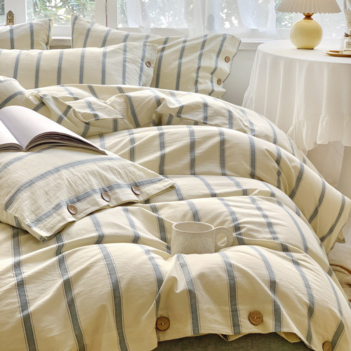 Type A Japanese-style dyed washed cotton bed four-piece set pure cotton 100 striped quilt cover sheet three-piece fitted sheet set