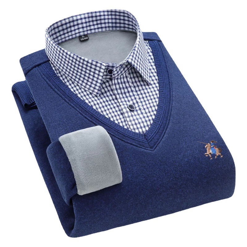 Autumn and Winter Men's Fleece-lined Thickened Fake Two-piece Shirt Collar Pullover Sweater Business Casual Warm Knitted Sweater Sweater