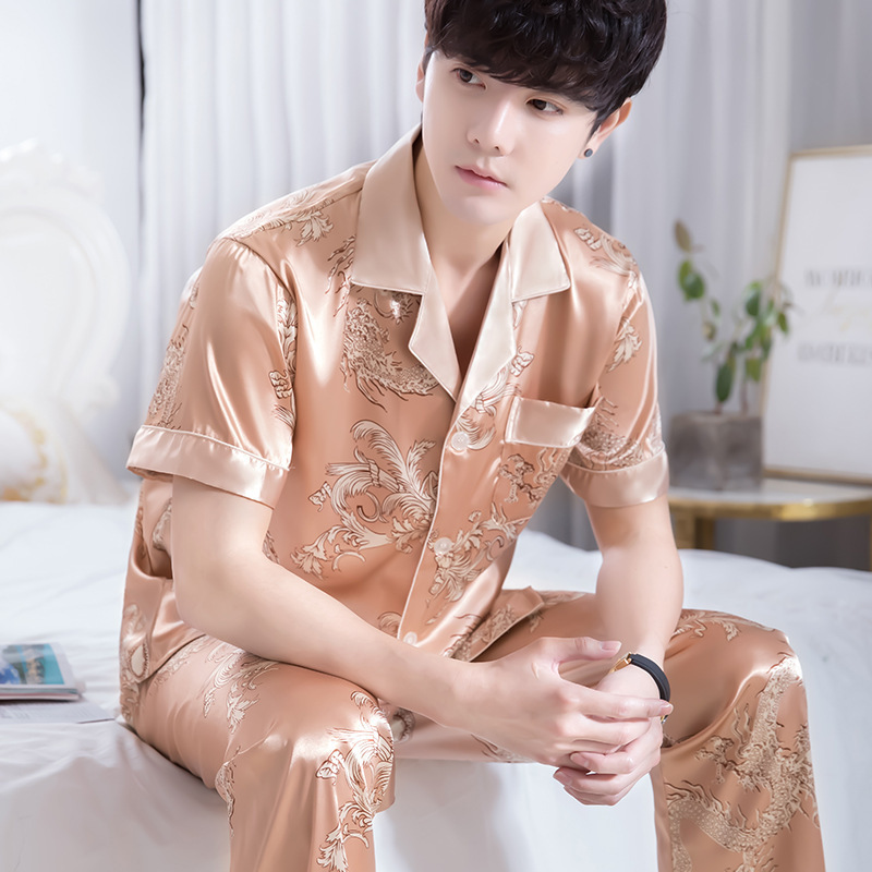 Ice Silk pajamas men's summer short sleeve thin spring and summer silk home wear suit 2024 new can be worn outside Ice Silk pajamas men's summer short sleeve thin spring and summer silk home wear suit 2024 new can be worn outside