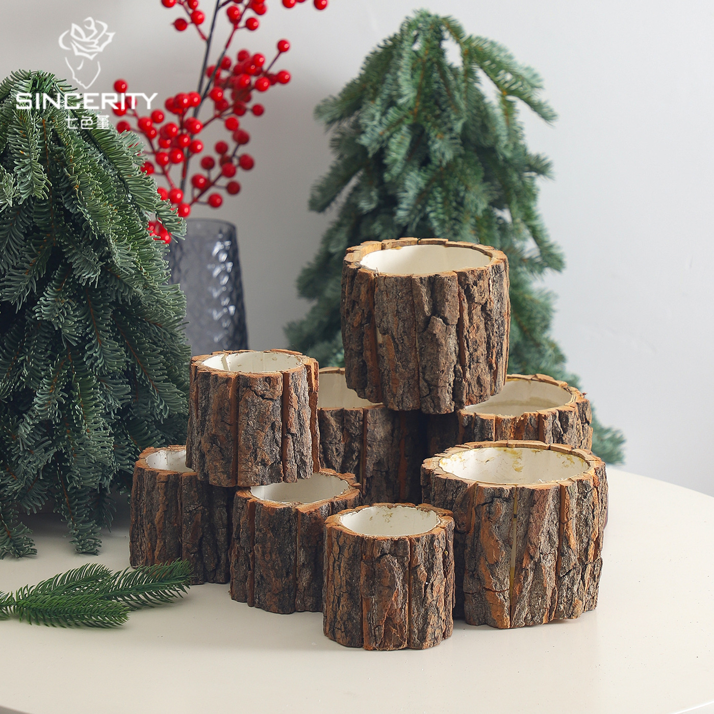 Decoración de Navidad corteza de madera barril de regalo embalaje de madera barril de regalo embalaje de decoración barril de flores