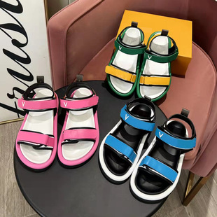 European and American Fashion Casual Sandals 2025 New Style Velcro Letter Genuine Leather Color-Blocking Women's Beach Thick-Soled Cross-Border Trendy Shoes