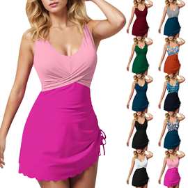 欧美新款2025跨境遮肚显瘦裙式拼色紧身露背性感分体泳衣坦基尼女