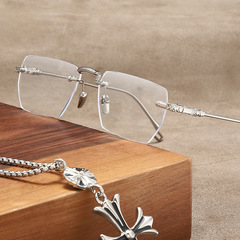 無邊框切邊超輕剋蘿欣近視眼鏡復古雕花女素顏防藍光平光眼鏡潮男