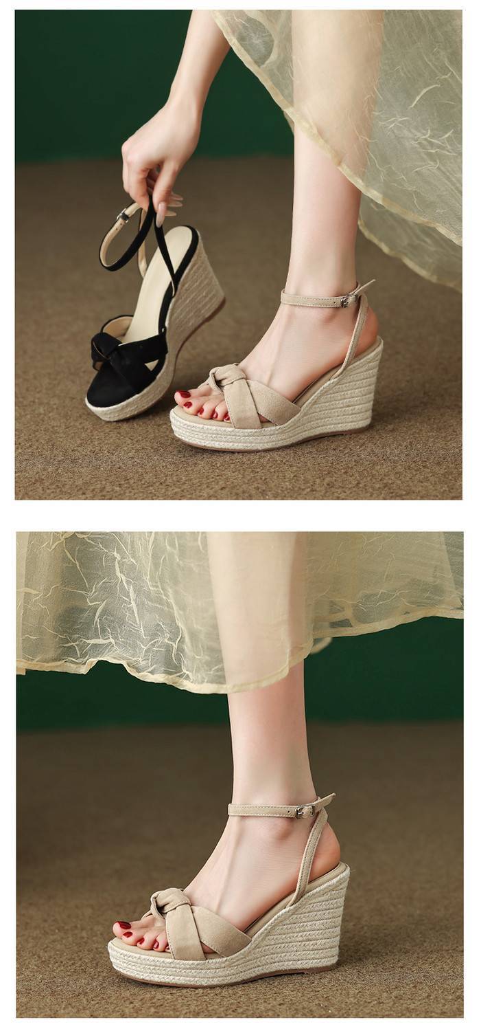 Sandal cao gót nữ hở mũi đế xuồng đan rơm, gót 9 cm — màu đen, màu mơ chi tiết 6