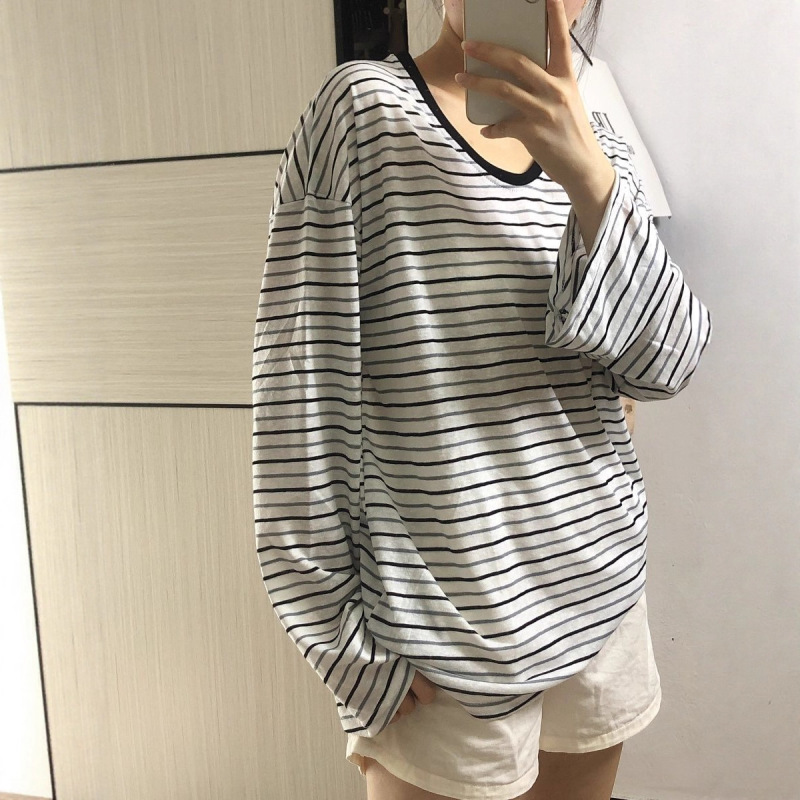 Korean Style Relaxed and Lazy Stripesd Sun Protection T-Shirt Women's Long-Sleeved Thin Top Summer Loose Air-Conditioned Blouse for Autum Outer Wear