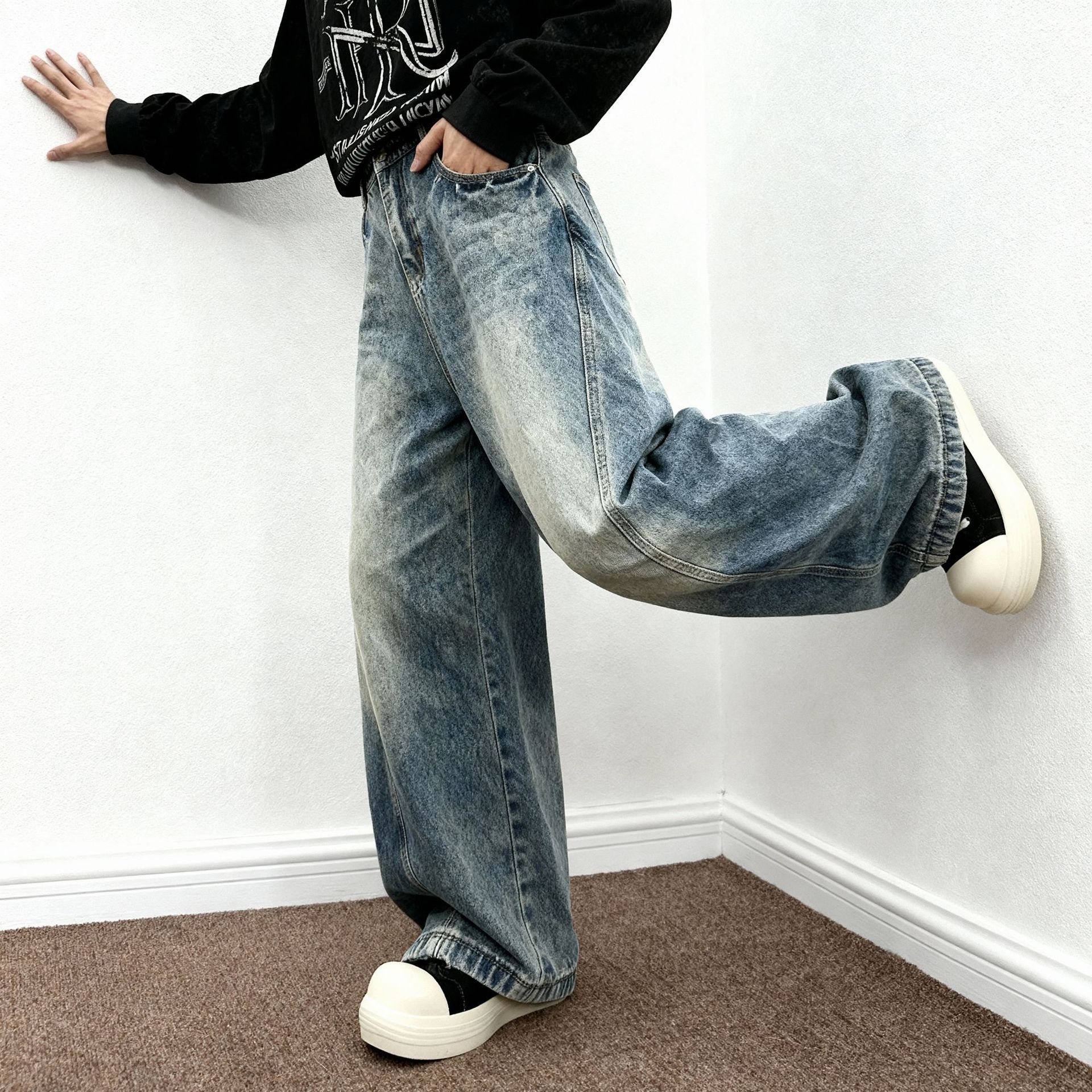 Men's Relaxed Fit Straight Leg Stretch Denim Jeans Vintage Wash Casual Comfort Pants_mkmklike.com