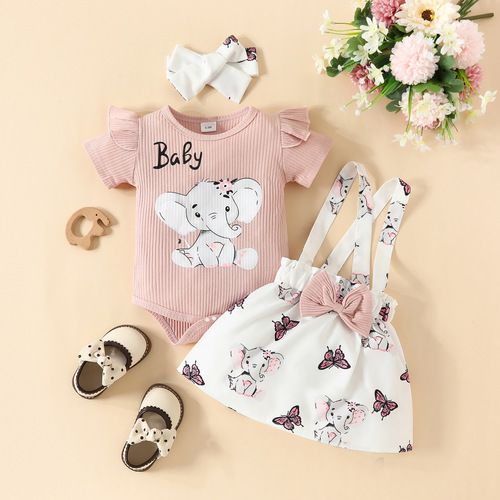 Amazon baby girl strap dress set, girl baby track pants elephant print T-shirt strap animal print dress trendy