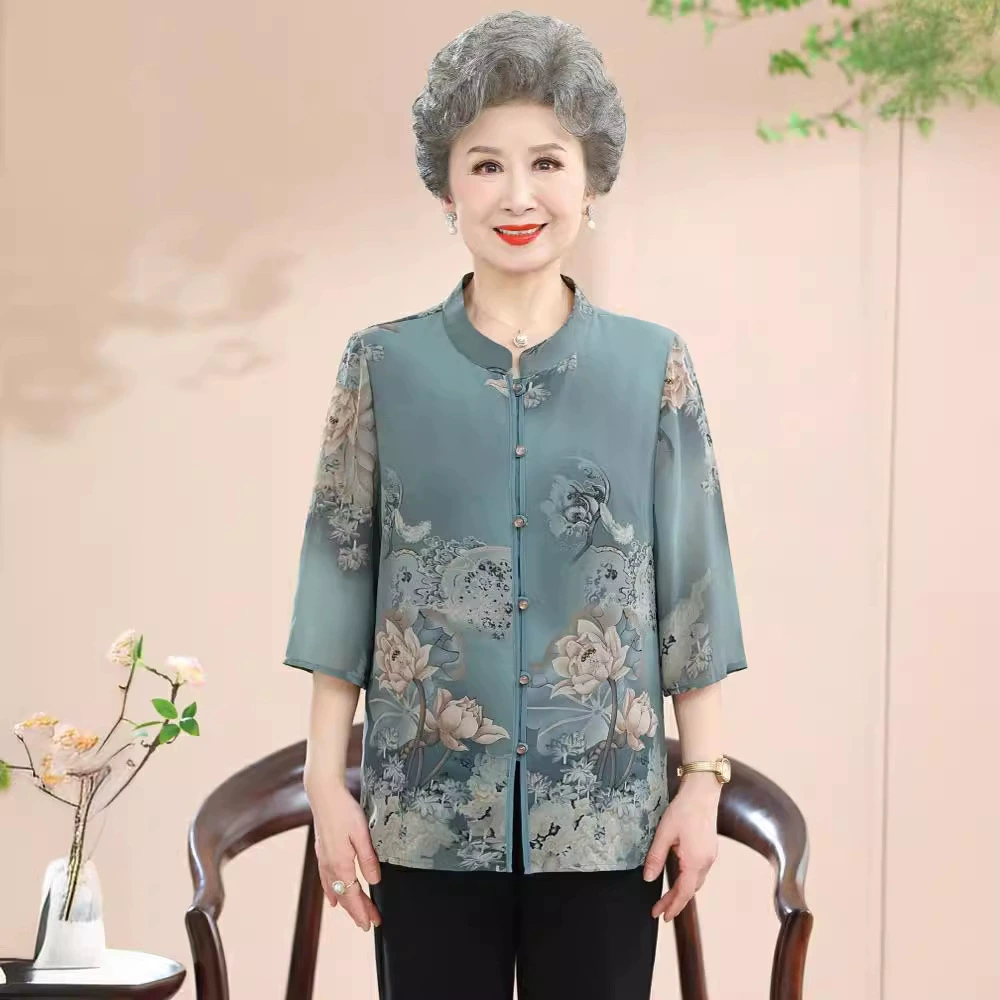 Бабушка летний женский средний и пожилой топ новый китайский стиль национальный стиль маленькая рубашка мама летняя рубашка старушка одежда