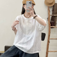 夏季新款圆领设计感刺绣蕾丝衬衫女时尚宽松立领7分袖防晒衣上衣