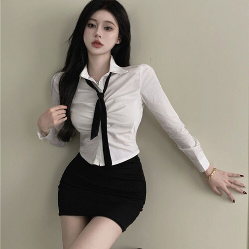 Pure Desire Style Design Belt Pure Color Long Sleeve Women's Black High Waisted Pantsy Short Skirt Design Style Two Piece Set