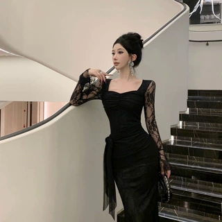 纯欲法式蕾丝拼接设计长袖腰包气质鱼尾礼服长款连衣裙修身新款