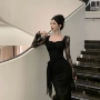 法式鱼尾长袖蕾丝连衣裙