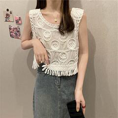 Hollow knitted vest for women's summer short sleeveless blouse, crocheted vest, tassels, small suspenders for outer wear
