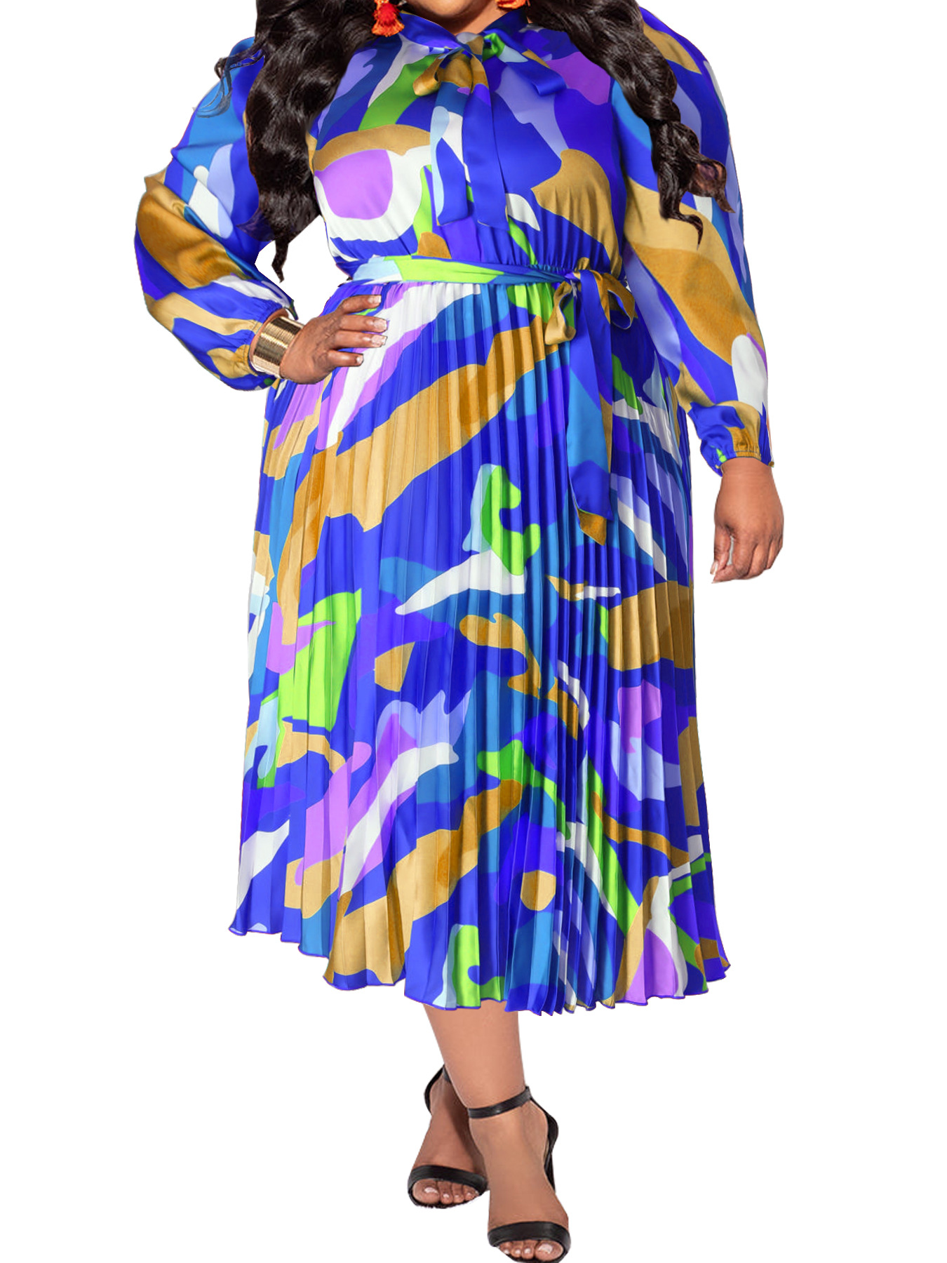 Damen Plus Size Plissee Kleid Mit Kragen Und Langen Ärmeln_voghion.com