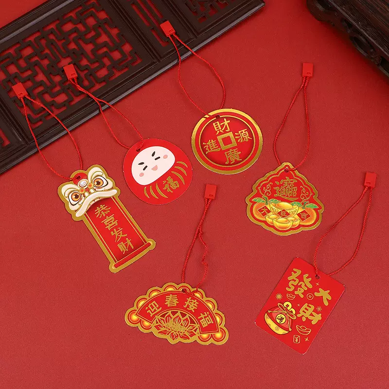 新年喜庆卡片小挂件 红色烫金福桶盆景吊牌祝福卡新年装饰小吊卡