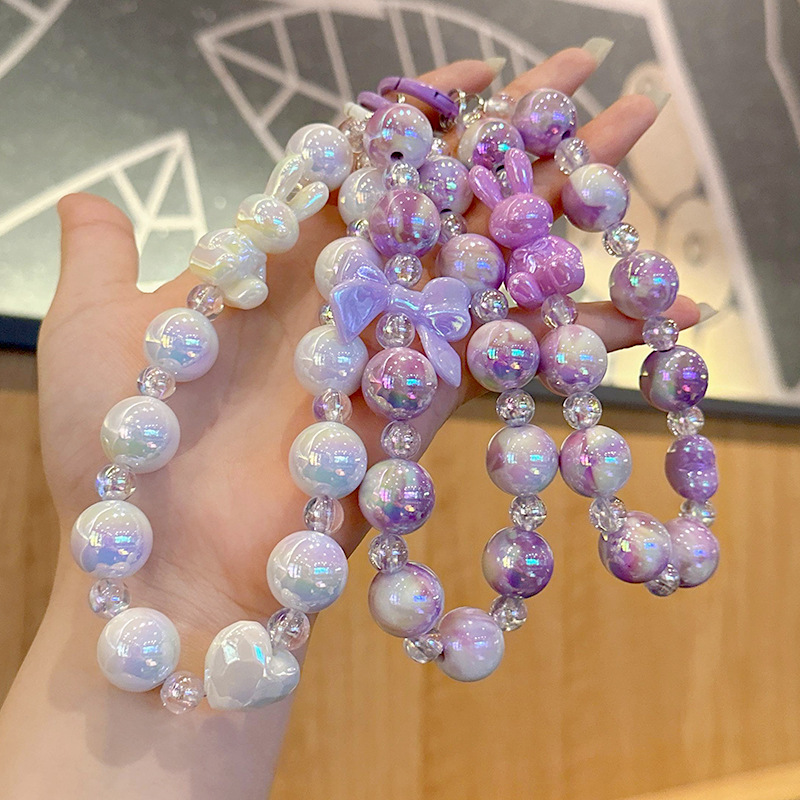 Creative Bow Rabbit Beaded Mobile Phone Chain Pendant Accessories Acrylic Beads Color Plated Car Key Chain Accessories