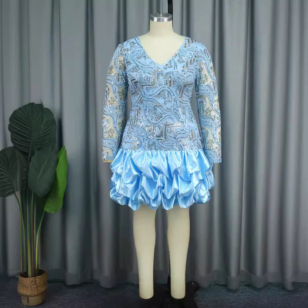 Dámske oblečenie Letné nové flitrované šaty s výstrihom do V Párty vrstvené šaty_voghion.com