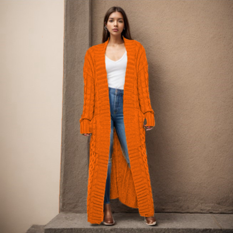 Damen-Strickjacke mit langen Ärmeln, einfarbig, langer Pullover, dicker Mantel_voghion.com