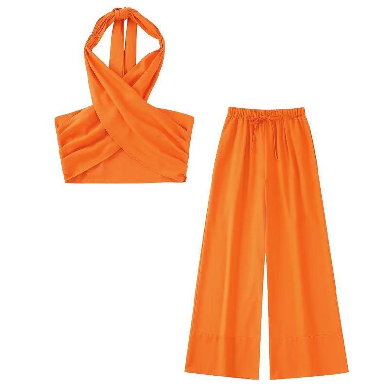 Early Autumn European and American Clothing European and American Knotted Halter Top + Elastic High-Waisted Wide-Leg Casual Pants Suit Early Autumn European and American Clothing European and American Knotted Halter Top + Elastic High-Waisted Wide-Leg Casual Pants Suit