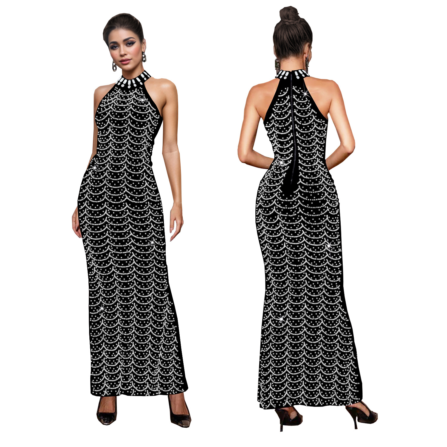 C7140 Aliexpress transfronterizo Amazon Europa y América de moda de mujer cuello elegante vestido de diamante largo delgado image 5