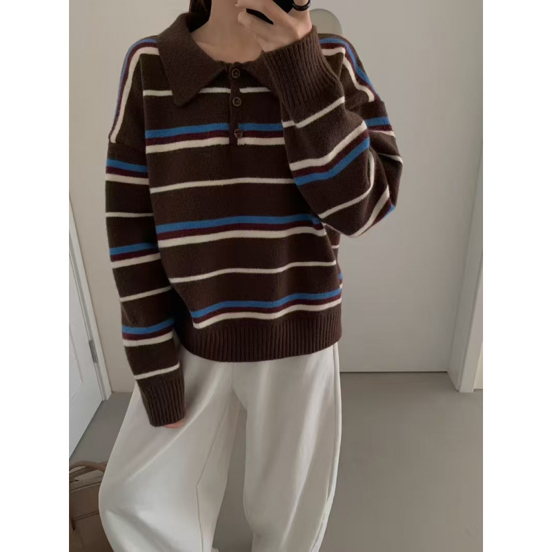 Corea del Sur 2025 otoño nuevo polo cuello de manga larga camiseta de punto de lana suéter retro mujer