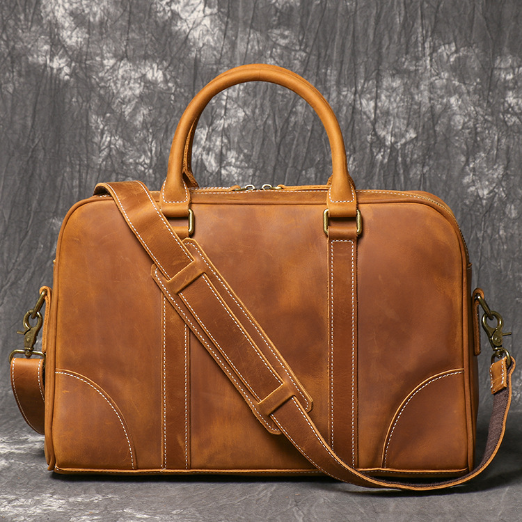 跨境工厂新款真皮男手提公文包疯马皮单肩斜跨包大容量牛皮电脑包