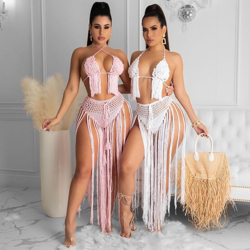 Amazon Aliexpress Foreign Trade New Women's Long European and American Woven Two-Piece Tassel Beach Skirt Rose Bra
