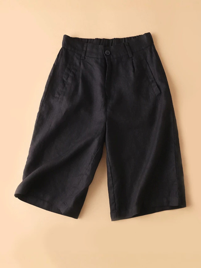 Quần short ống rộng 5 phần nữ chất liệu cotton linen màu cà phê kiểu dáng retro — Màu đen