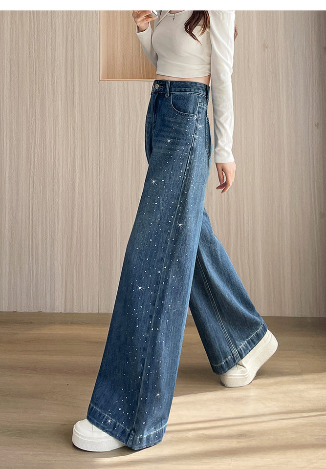 Quần jean ống rộng nữ cạp cao đính đá màu xanh cổ điển, dáng suông rộng thoải mái — Retro màu xanh chín điểm, Xanh Vintage, Dáng Dài, Xám Than, Dài Hơn, Xám than, dáng thường chi tiết 20